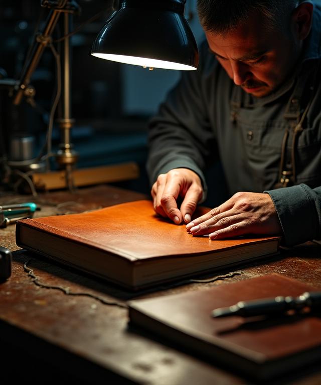 Mistrz introligatorstwa przy pracy nad skórzaną oprawą